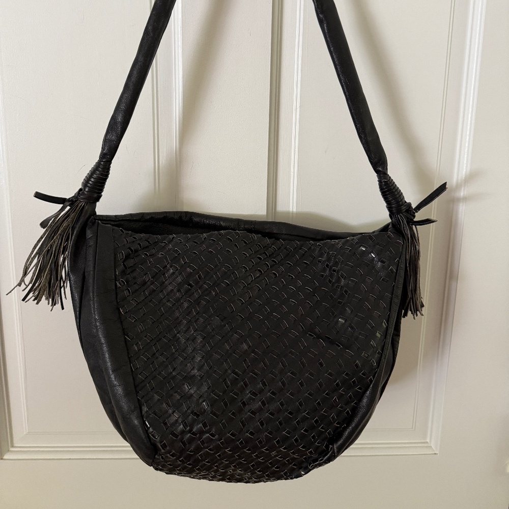 Rappi vintage Black woven leather crescent shaped shoulder bag